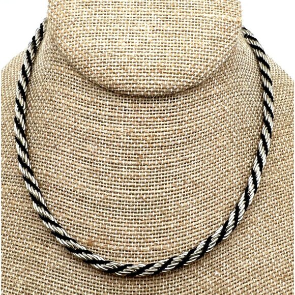 Vintage Silver & Black Twisted Rope Chain Necklace KR Logo - Picture 1 of 7